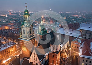 Aerial view of the historical center of Krakow, church, Wawel Royal Castle at night