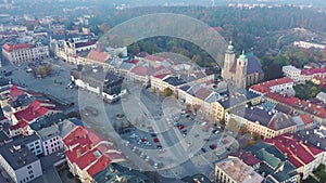 Aerial view of historical centre of Jihlava in autumn day overlooking Masaryk Square with Saint Ignatius Church and City