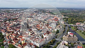 Aerial view of historical centre of Plzen in autumn day overlooking Gothic spire of medieval Cathedral