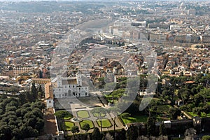 Aerial view of the historical centre of Rome with villa Medici and Tiber river