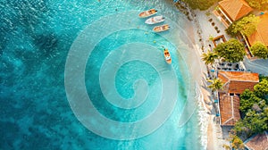 Aerial view of a historical island known for coral trading, antique boats docked in the vibrant coral-infused harbor