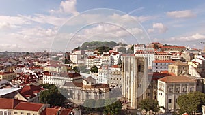 Aerial view of historical part of Lisbon and Lisbon Cathedral at sunny day Portugal