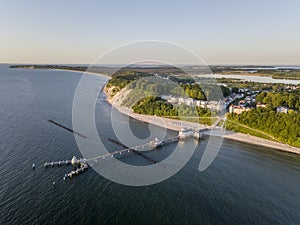 Aerial view of historical pier and the resort of Sellin on Ruegen island at sunrise