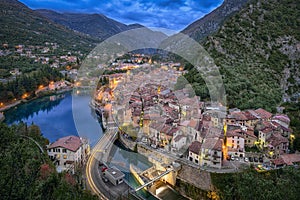 Aerial view on historical town Breil-sur-Roya at dusk, France