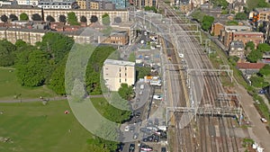 Aerial view of Hitachi Azuma Class 800 Bi Modal passenger trains under overhead electric wires