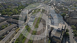 Aerial view of Hitachi Azuma Class 800 Bi Modal passenger trains under overhead electric wires