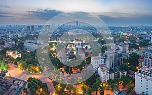 Aerial view of a Hoan Kiem lake or Sword lake, Ho Guom in Vietnamese at night. Hanoi skyline view. Hoan Kiem lake is center of Han