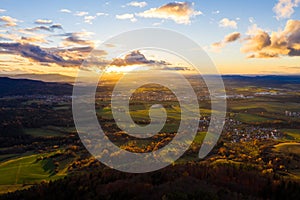 Aerial view of Hohenzollern castle during bright sunset. Germany in the fall