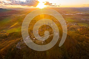 Aerial view of Hohenzollern castle during bright sunset. Germany in the fall