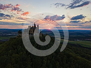 Aerial view of Hohenzollern castle during sunset. Germany in the summer