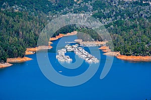 Aerial view of Holiday Harbor on the McCloud River Arm of Shasta Lake, Shasta County, Northern California