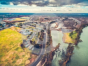 Aerial view of holiday park cabins in Berri.