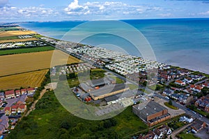 Aerial View of holiday trailer homes along the beach in Hornsea Town