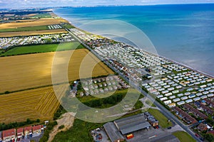 Aerial View of holiday trailer homes along the beach in Hornsea Town