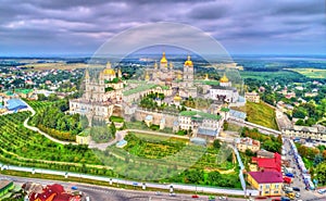 Aerial view of Holy Dormition Pochayiv Lavra, an Orthodox monastery in Ternopil Oblast of Ukraine