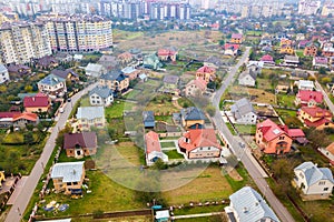 Aerial view of home roofs in residential rural neighborhood area