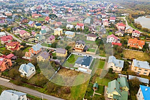 Aerial view of home roofs in residential rural neighborhood area