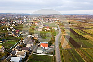 Aerial view of home roofs in residential rural neighborhood area