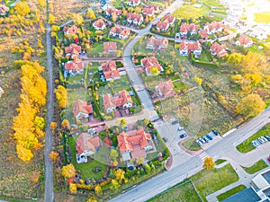 Aerial view of home roofs in residential rural neighborhood area