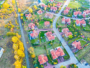 Aerial view of home roofs in residential rural neighborhood area