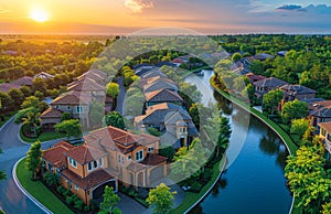 Aerial view of homes in neighborhood with canal running through it at sunset