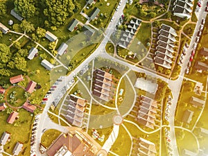 Aerial view of homes in a  residential community.  Subdivision in an upscale area. ecological living in a natural environment with