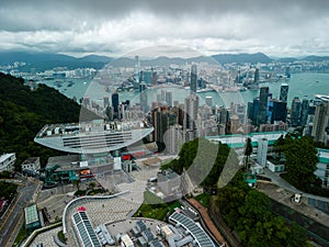 Aerial view of Hong Kong city and Peak Tower
