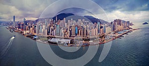 Aerial view of Hong Kong Downtown. Financial district and business centers in smart city in Asia. Top view of skyscraper and high