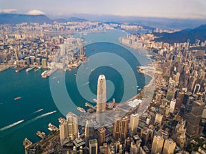 Aerial view of Hong Kong Downtown, Republic of China. Financial district and business centers in smart city in Asia. Top view of