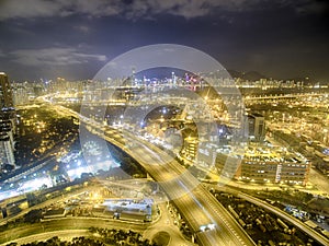 Aerial view of Hong Kong Night Scene, Kwai Chung in golden color