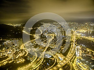 Aerial view of Hong Kong Night Scene, Kwai Chung in golden color