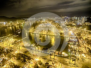 Aerial view of Hong Kong Night Scene, Kwai Chung, Victoria Harbour, Stonecutters' Bridge