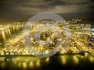 Aerial view of Hong Kong Night Scene, Kwai Chung, Victoria Harbour, Stonecutters' Bridge