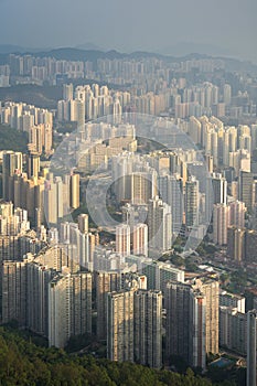 Aerial view of Hong Kong skyscrapers at golden hour