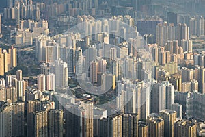 Aerial view of Hong Kong skyscrapers at golden hour