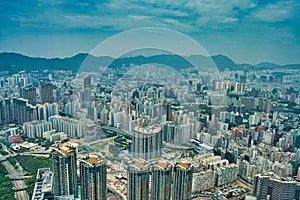Aerial view of Hong Kong skyscrapers under the blue sky