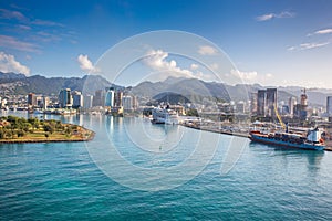 Aerial View of Honolulu Harbor with Cruise Ship