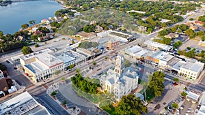 Aerial view Hood County Courthouse near Lake Granbury with unique boutique shops, restaurant in Texas, USA