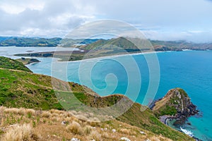 Aerial view of Hoopers inlet at Otago peninsula in New Zealand