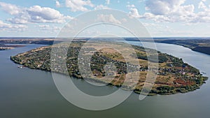 Aerial view of horseshoe bend of Dniester River near Molovata Noua village in Moldova