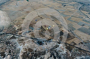 aerial view of Hot air balloons in Goreme national park, fairy chimneys,