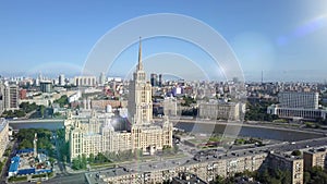 Aerial view of hotel Ukraine in Moscow. Old Soviet Russia Stalin high-rise skyscrapers in heart of modern Moscow City