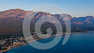 Aerial view hotels on the Mediterranean coast on the Turkish Riviera in the vicinity of Kemer