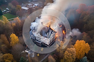 aerial view of a house engulfed in flames, showcasing the magnitude of the fire and the extent of the damage. Generative