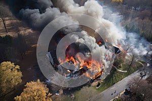 aerial view of a house engulfed in flames, showcasing the magnitude of the fire and the extent of the damage. Generative