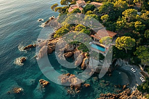 Aerial view of a house perched on a cliff next to the ocean