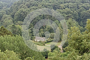 Aerial view of house in rural Devon, England