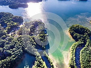Aerial view of houses and boat docks in Lake Lanier photo