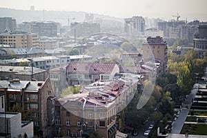 An aerial view of houses in the center of Yerevan, Armenia.