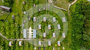 Aerial view of the houses in the green field in Hiiumaa